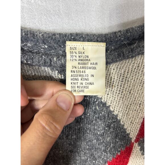 Vintage Sweater Large Gray Red Argyle Silk Angora Lambswool - Picture 8 of 12